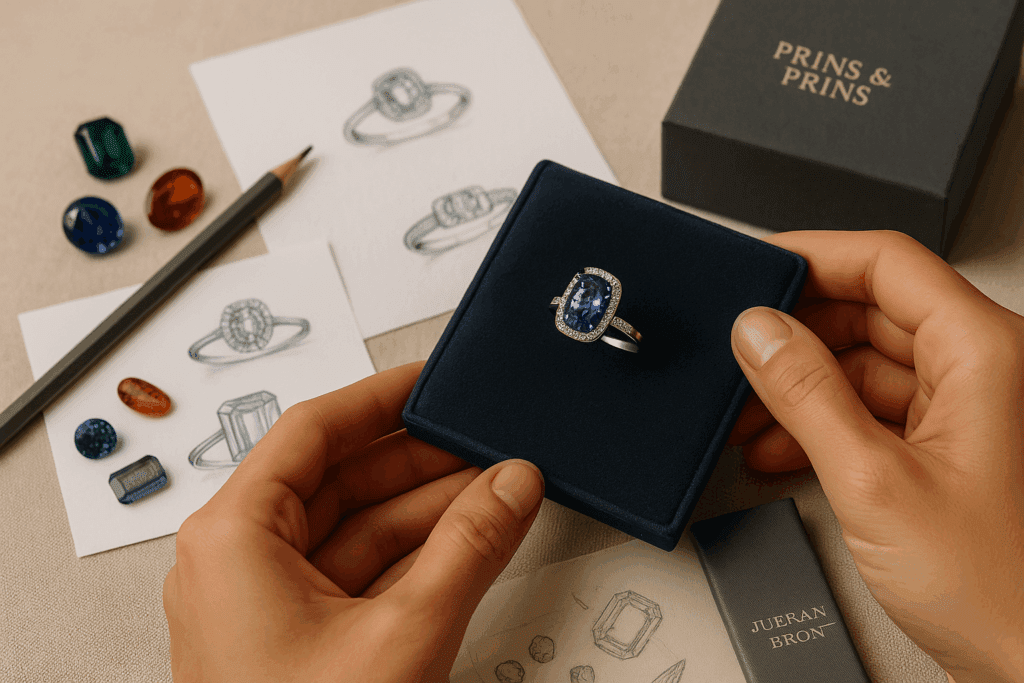 A photograph captures a jeweller’s hands presenting a custom-designed gemstone ring on a velvet pad. The ring features a vibrant centre stone—either garnet, tourmaline, or tanzanite—surrounded by loose gemstones, design sketches, and a Prins & Prins jewellery box. The lighting accentuates the brilliance of the gem and the artisanal craftsmanship of the piece.
