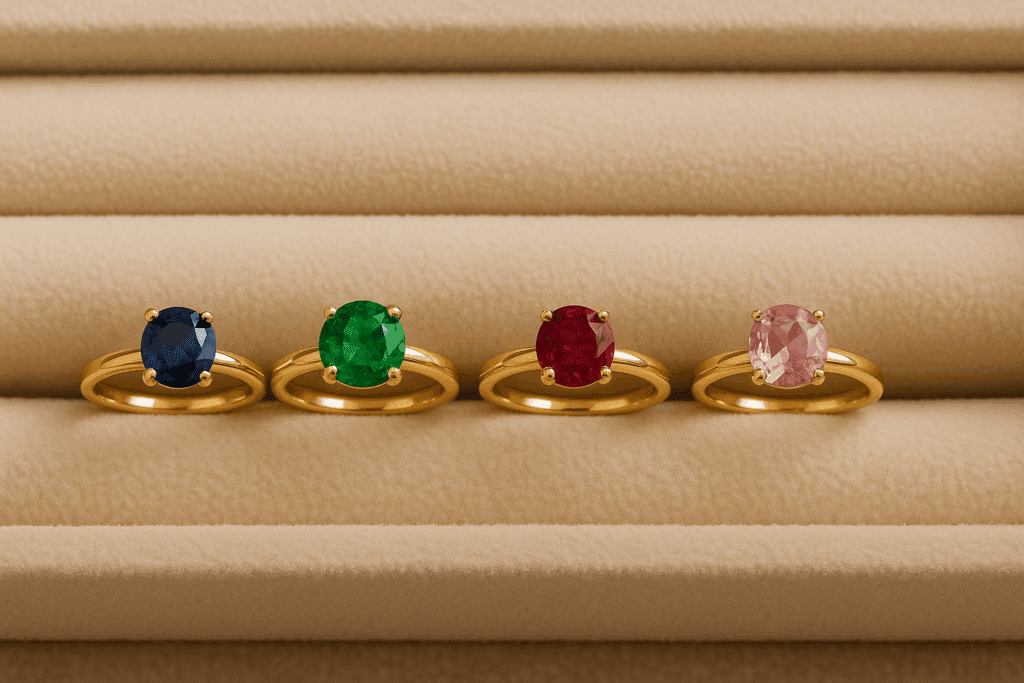 Four gold gemstone wedding rings displayed side by side on a beige velvet tray, featuring a deep blue sapphire, a vivid green emerald, a rich red ruby, and a soft pastel pink tourmaline.