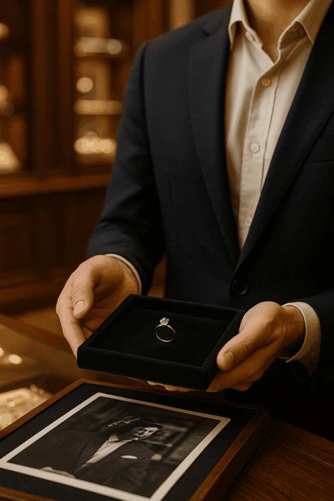 ’n Juwelier in ’n elegante boutiek bied ’n diamantring op ’n swart fluweel-skinkbord aan, met houtpanele en glaskaste in die agtergrond wat die erfenis en luuksheid van Prins & Prins Diamonds weerspieël.