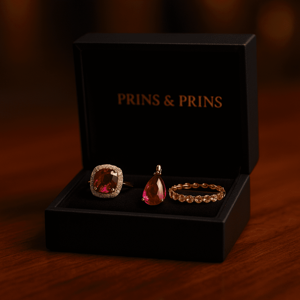 A Prins & Prins branded jewellery box on a polished wooden surface, displaying a red spinel ring, a vivid rubellite pendant, and a golden chrysoberyl bracelet under warm boutique lighting.