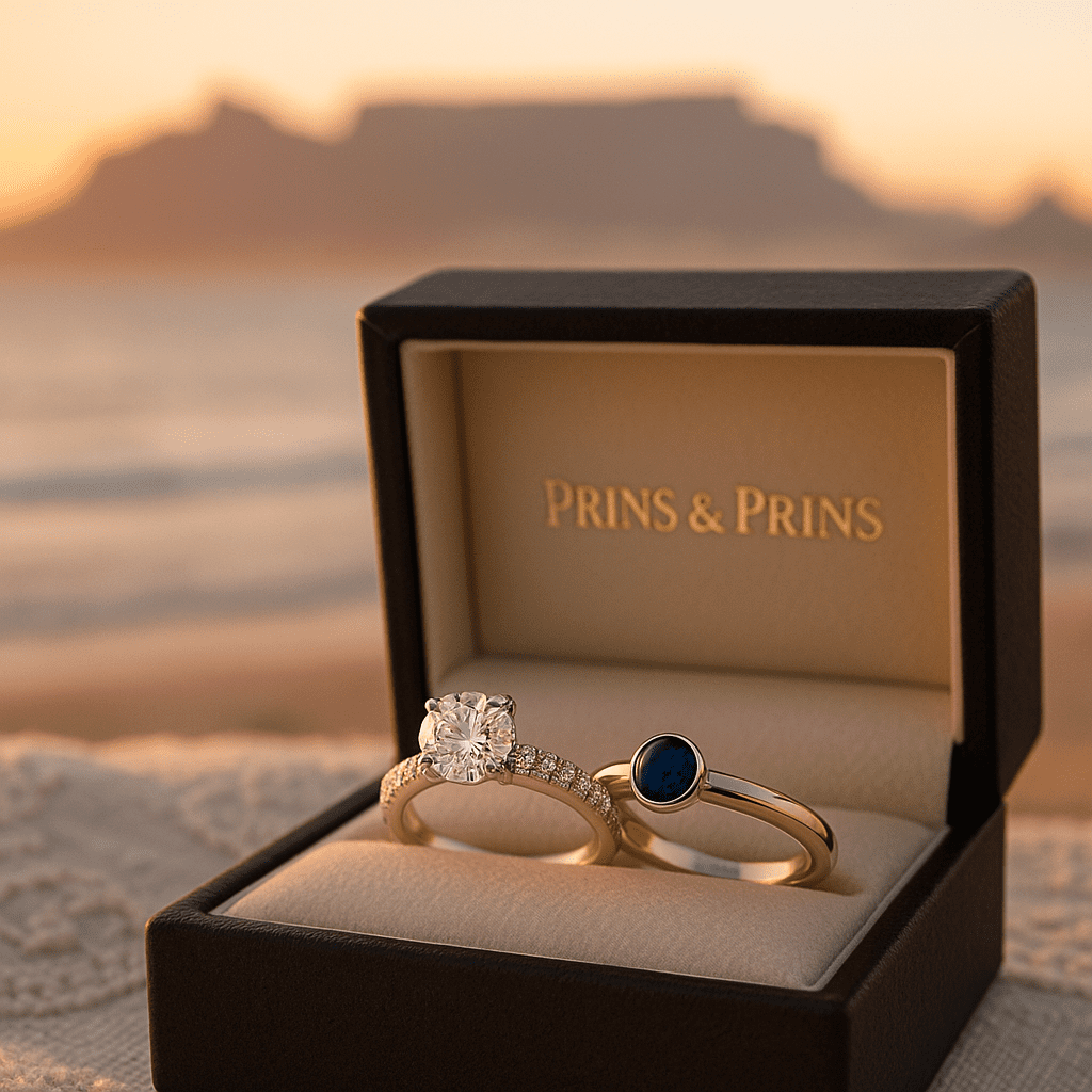 A diamond solitaire wedding ring and a sapphire wedding band rest inside a Prins & Prins branded jewellery box, with Cape Town’s Table Mountain and the ocean horizon softly blurred in the golden sunset background.