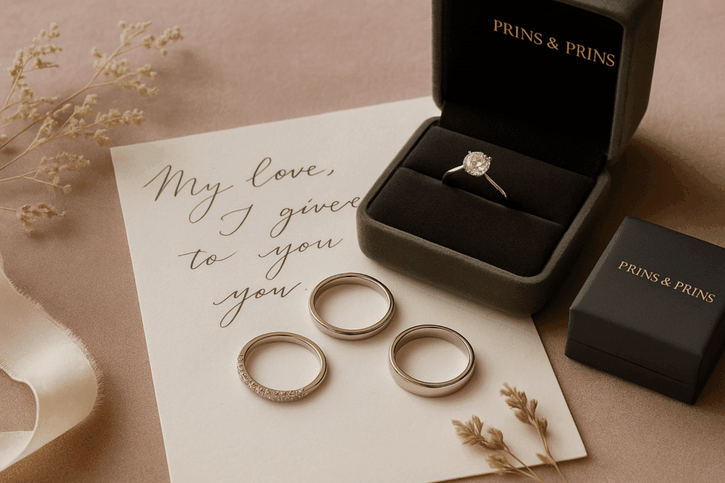 A photograph displays a Prins & Prins engagement ring in an open signature box, positioned beside two wedding bands — a diamond eternity ring and a classic platinum band — on a soft blush velvet background. A handwritten vow and silk ribbon add romantic detail, with natural light casting gentle shadows and highlighting the jewellery’s sparkle.