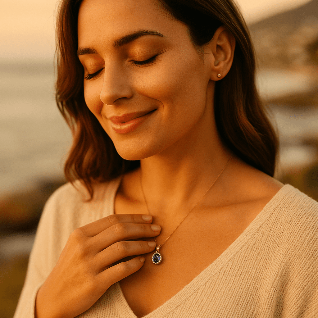 A close-up photograph of a young woman with light-to-medium skin tone standing near the Cape Town coastline at golden hour, gently clasping a gemstone pendant over her heart. She smiles warmly, her hair softly backlit by the sun, while the pendant catches the light. The background is softly blurred, revealing hints of ocean waves and coastal landscape.