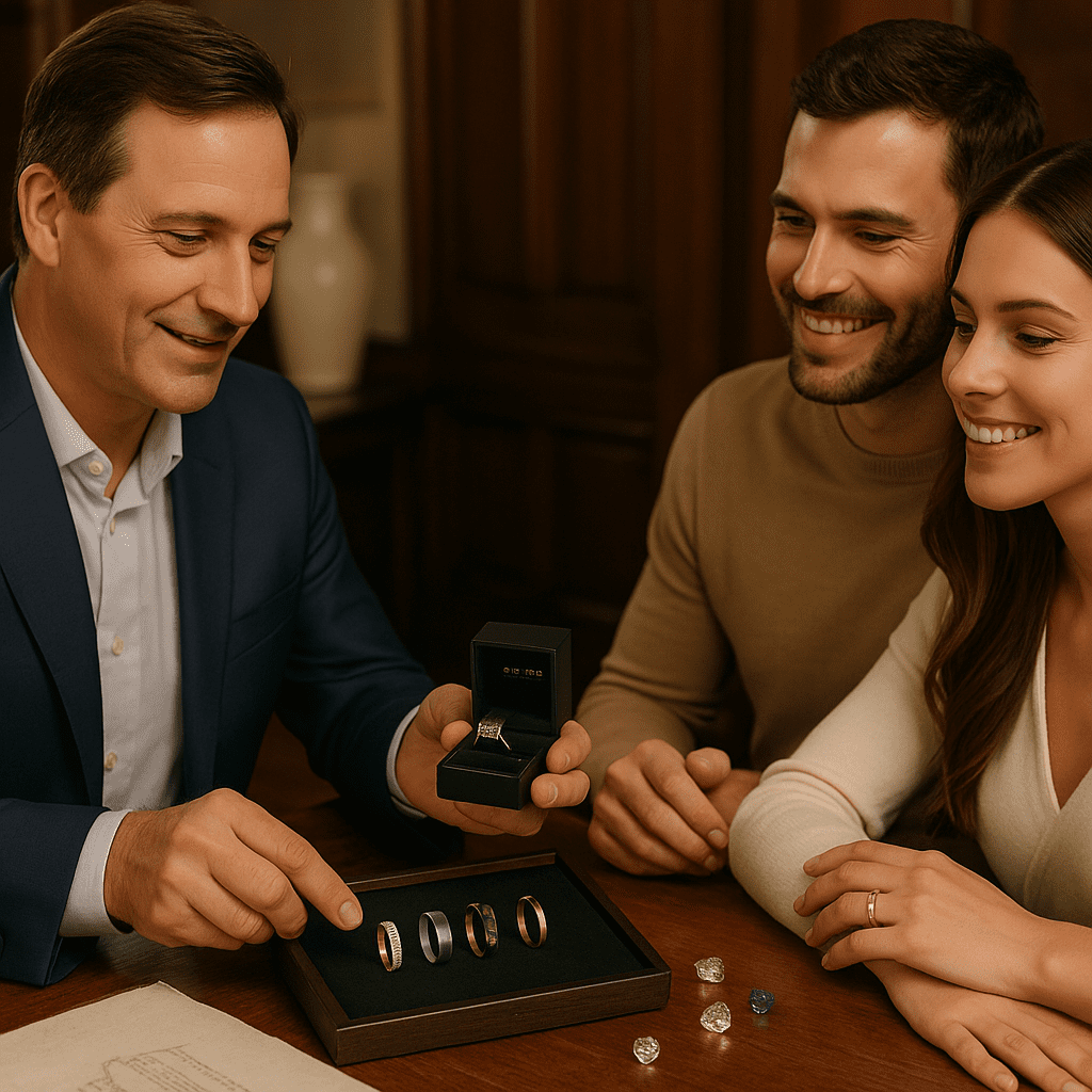 A jeweller presents a selection of modern platinum and gemstone wedding bands on a velvet tray to a smiling couple during a private consultation, with loose diamonds and sketches on the polished wooden table.