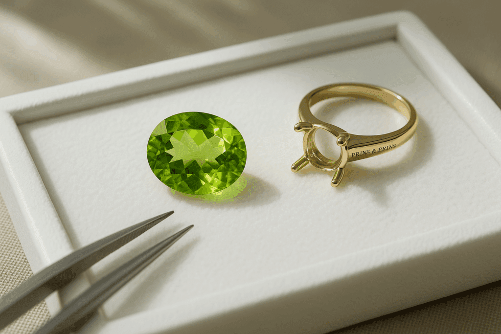A vibrant oval-cut peridot gemstone with a brilliant lime-green hue rests on a white jewellery tray beside an empty yellow gold ring setting engraved with “PRINS & PRINS.” Jeweller’s tweezers lie nearby, and soft natural light enhances the clarity and colour of the gem in this elegant, professional scene.