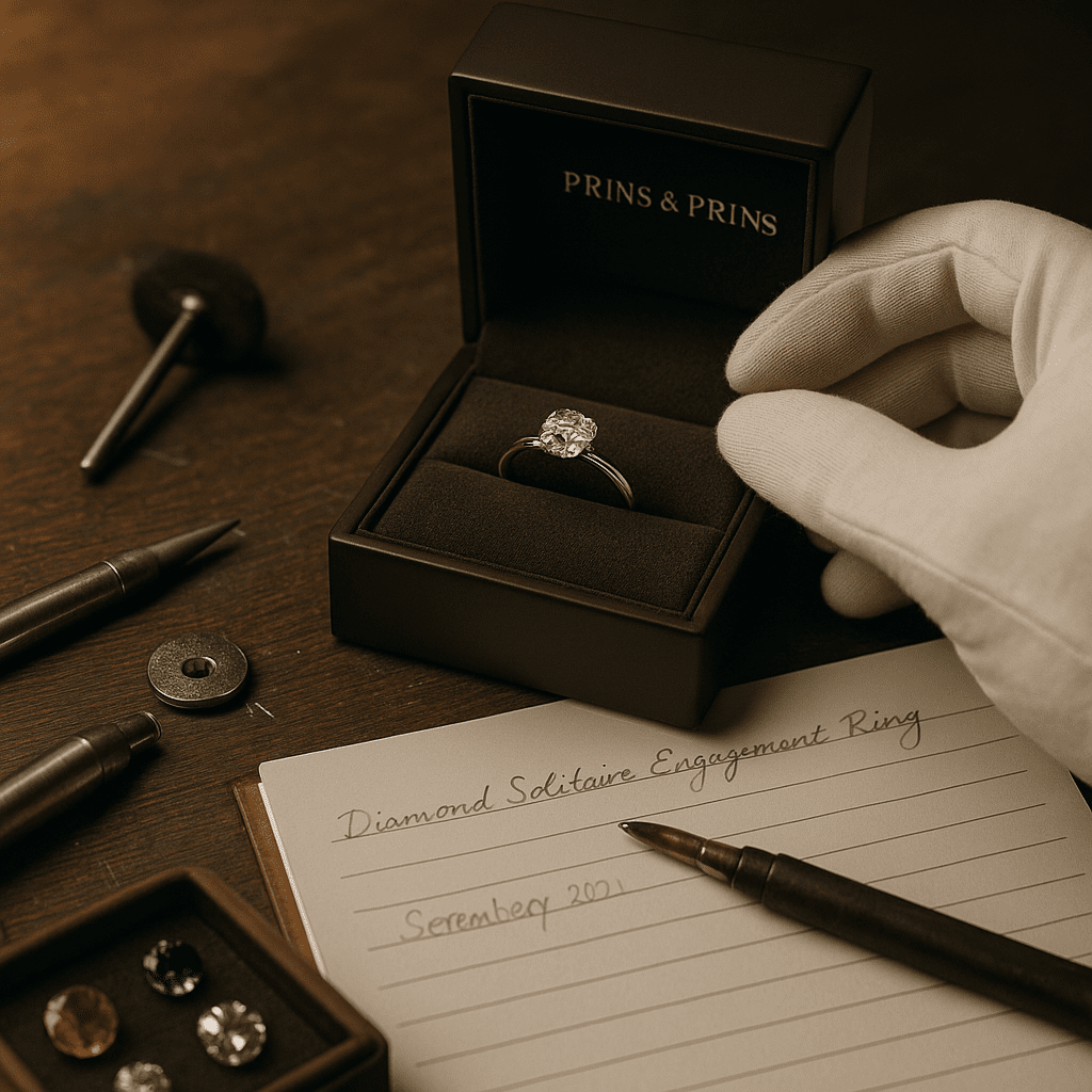 A high-resolution photograph captures a jeweller’s gloved hands delicately placing a finished diamond engagement ring into a Prins & Prins signature jewellery box. The bench beneath features soft shadows, polishing tools, and a partially visible logbook entry, evoking a sense of legacy and refined craftsmanship.