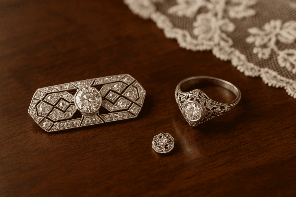 Close-up of an Art Deco diamond brooch and an Edwardian filigree diamond ring displayed on a polished wooden table, framed by antique lace in soft light.