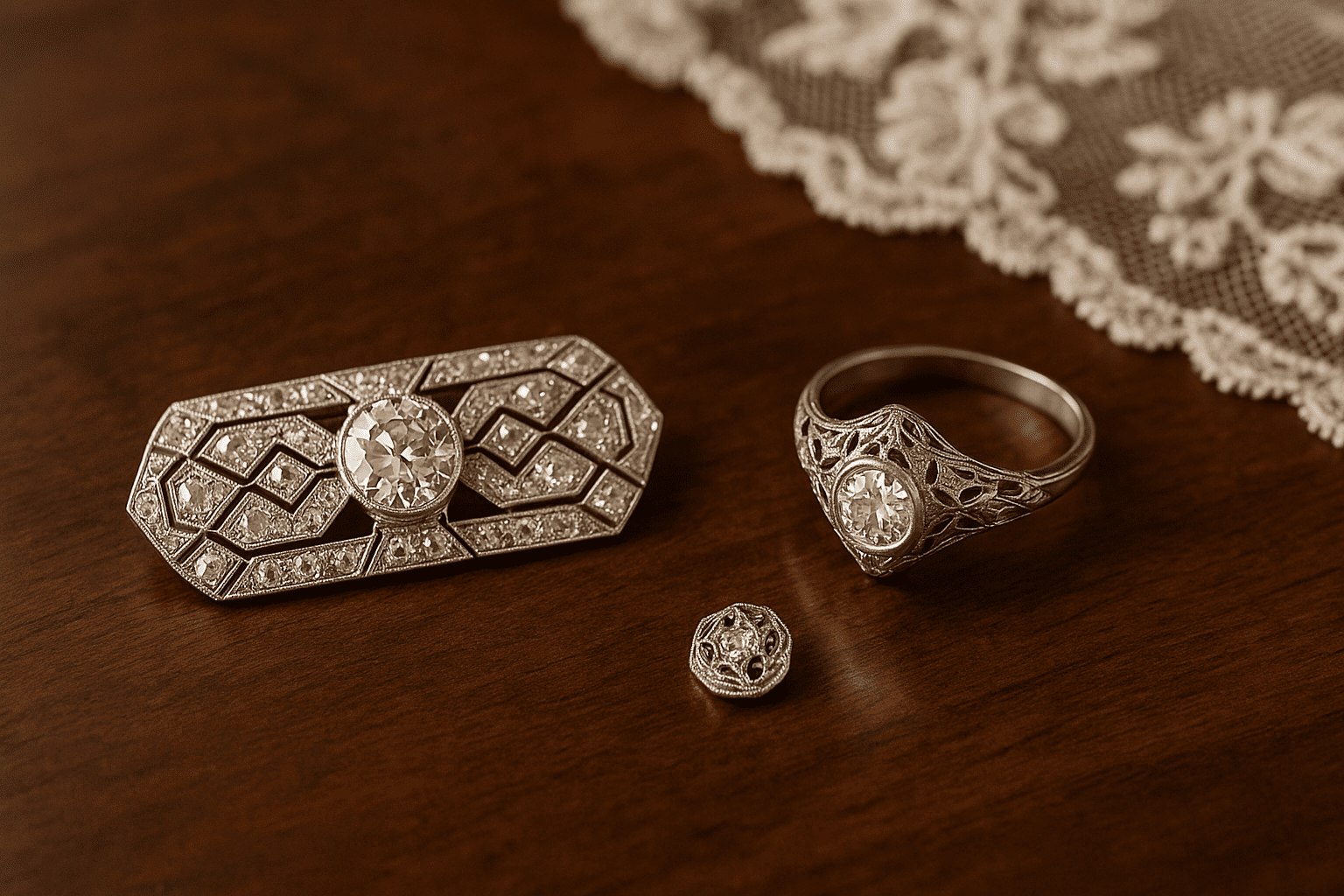 Close-up of an Art Deco diamond brooch and an Edwardian filigree diamond ring displayed on a polished wooden table, framed by antique lace in soft light.