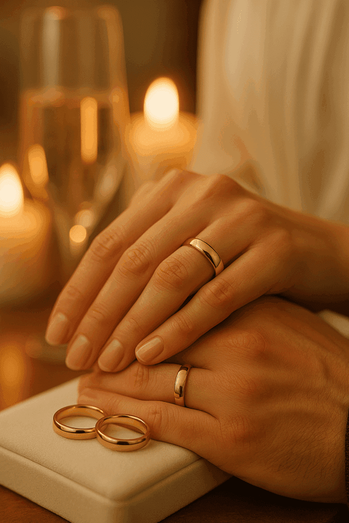 6️⃣ Visual for “The Story Your Rings Will Tell” Prompt: A couple holding hands, both wearing their matching wedding bands. The shot is softly focused on their rings, with blurred champagne glasses and candlelight in the background. Mood: Intimate, sentimental, celebratory. Palette: Warm gold, champagne tones, candlelight glow. Style cues: Lifestyle storytelling, luxury romantic atmosphere.