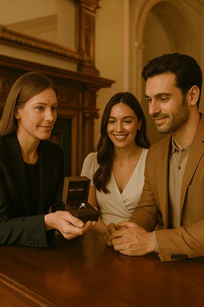 A jeweller presents a diamond ring in a Prins & Prins branded box to a couple during a private consultation inside Huguenot House. The couple smiles warmly as they admire the ring, with antique wood detailing and elegant interior architecture in the softly lit background.