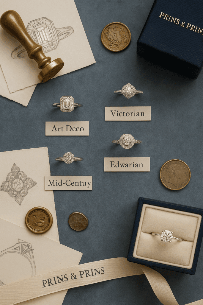A flat-lay photograph displays four vintage-inspired engagement rings arranged on a soft velvet background. Each ring is discreetly labelled: Art Deco, Victorian, Edwardian, and Mid-Century. Surrounding the rings are design sketches, a wax seal stamp, an antique coin, and Prins & Prins-branded packaging, creating an editorial and educational aesthetic in ivory, charcoal, and soft gold tones.