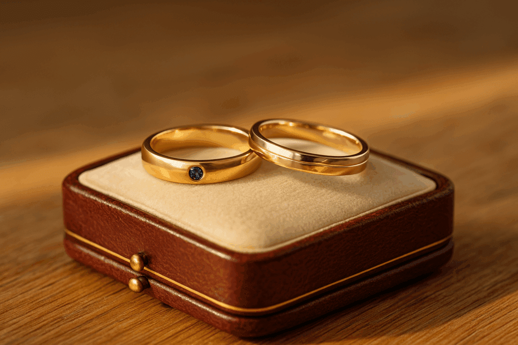 Two bespoke wedding bands rest on a vintage jewellery box: one crafted in yellow gold with a small blue sapphire, the other featuring blended gold tones. Sunlight highlights their symbolic design, evoking heritage and romance.