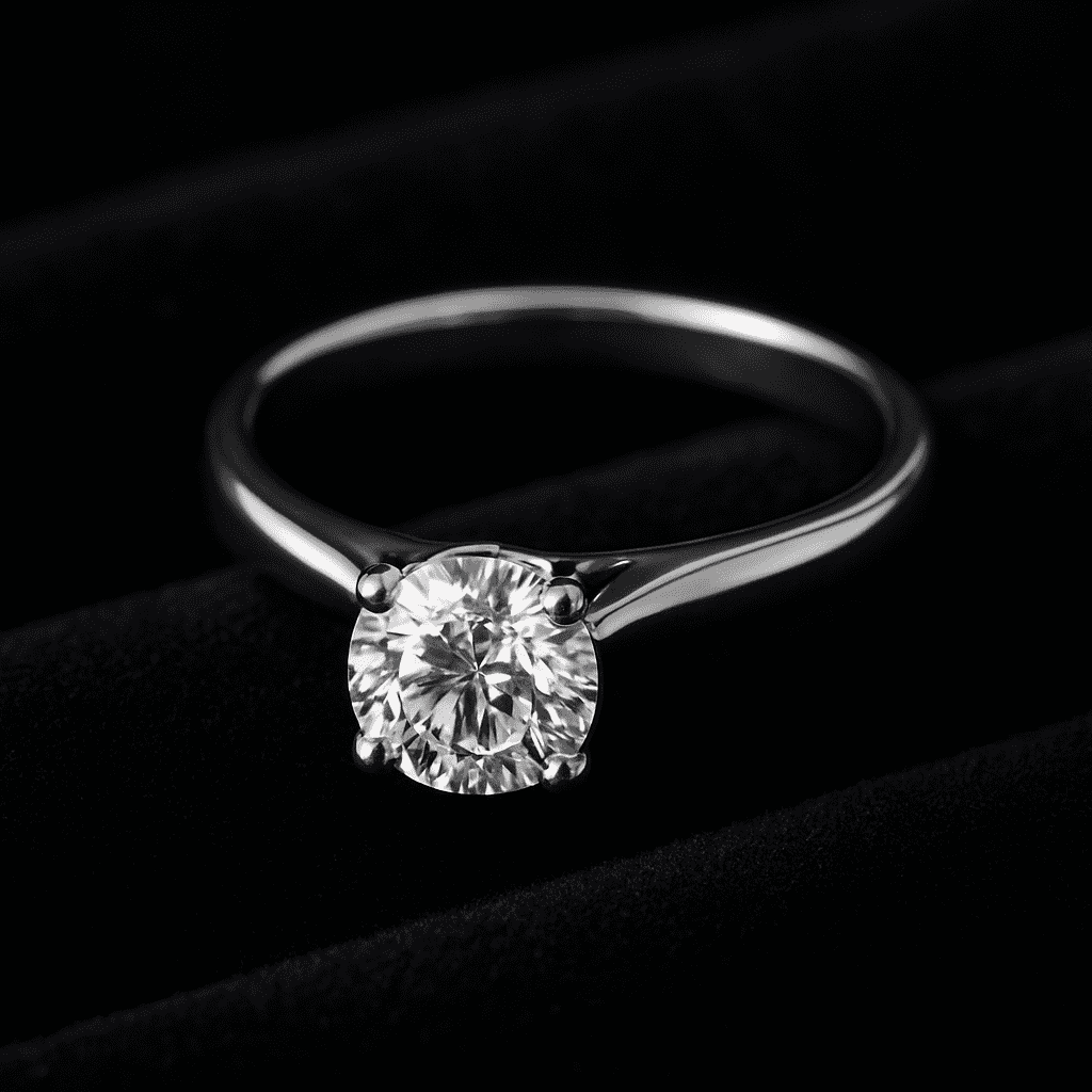 Macro shot of a platinum solitaire engagement ring with a round brilliant diamond, resting on plush black velvet, highlighting the refined silvery-white metal and sparkling gem.