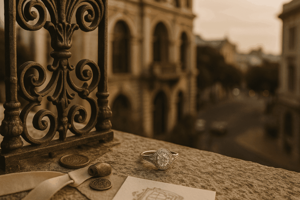 A photograph captures a vintage-style diamond engagement ring positioned on a stone ledge beside an ornate Cape Town architectural detail, featuring wrought iron scrollwork and a carved Baroque doorway. The background includes softly blurred textures of old stone and warm golden-hour lighting, evoking local sophistication and timeless design influence.