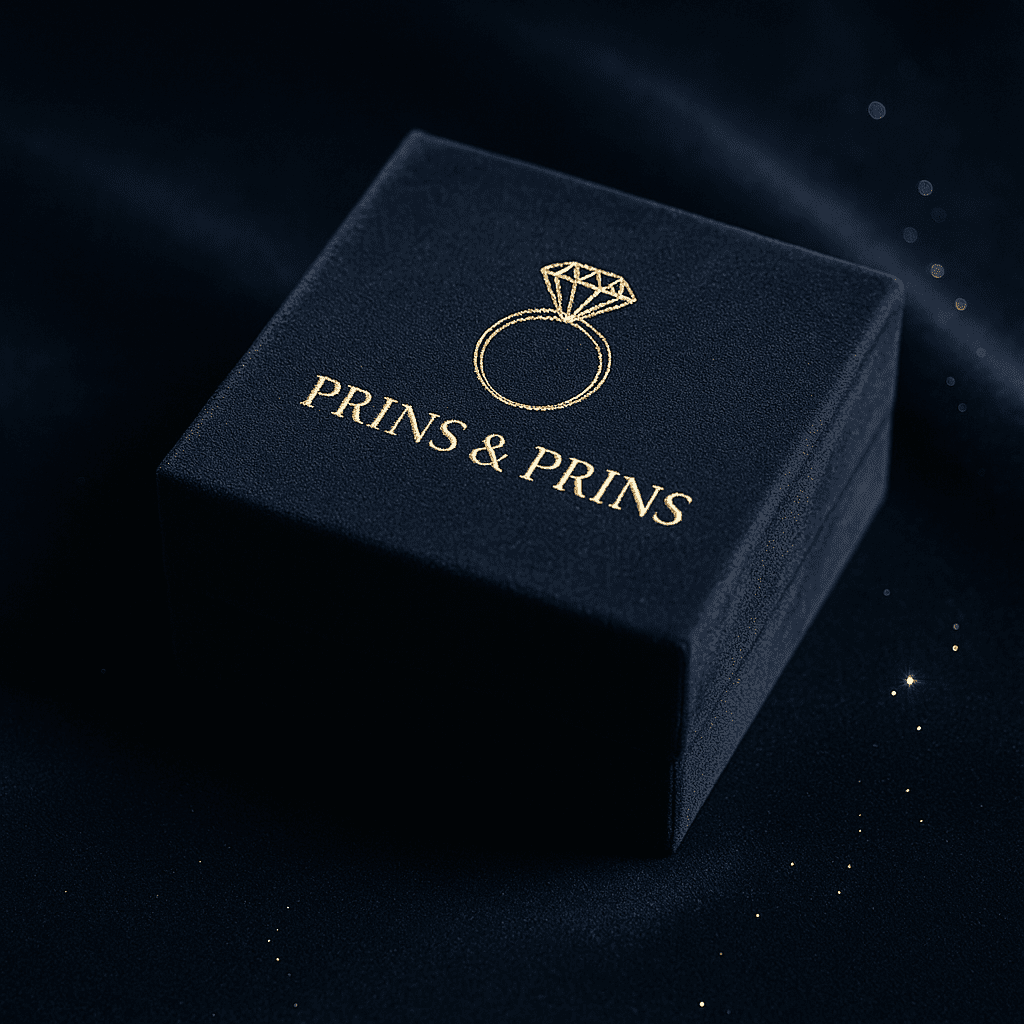 A close-up photograph of a Prins & Prins branded jewellery box being handed over across a boutique counter, with blurred diamond ring displays and soft boutique lighting in the background, evoking trust and luxury.