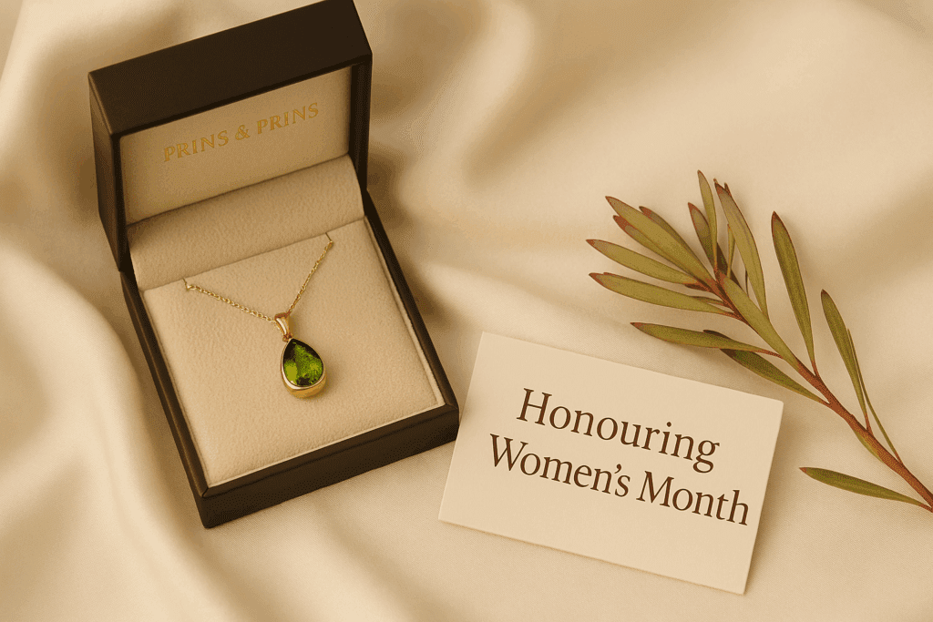 A landscape image featuring a teardrop-shaped peridot pendant in a black Prins & Prins jewellery box with a soft beige interior, placed on flowing ivory satin fabric. Beside it lies a cream card reading “Honouring Women’s Month” and a sprig of protea leaves, all softly illuminated to convey elegance and celebration.
