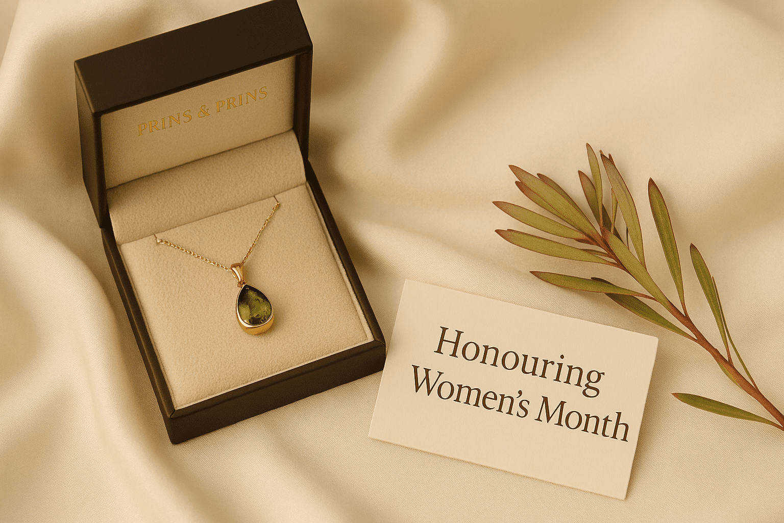 A landscape image featuring a teardrop-shaped peridot pendant in a black Prins & Prins jewellery box with a soft beige interior, placed on flowing ivory satin fabric. Beside it lies a cream card reading “Honouring Women’s Month” and a sprig of protea leaves, all softly illuminated to convey elegance and celebration.