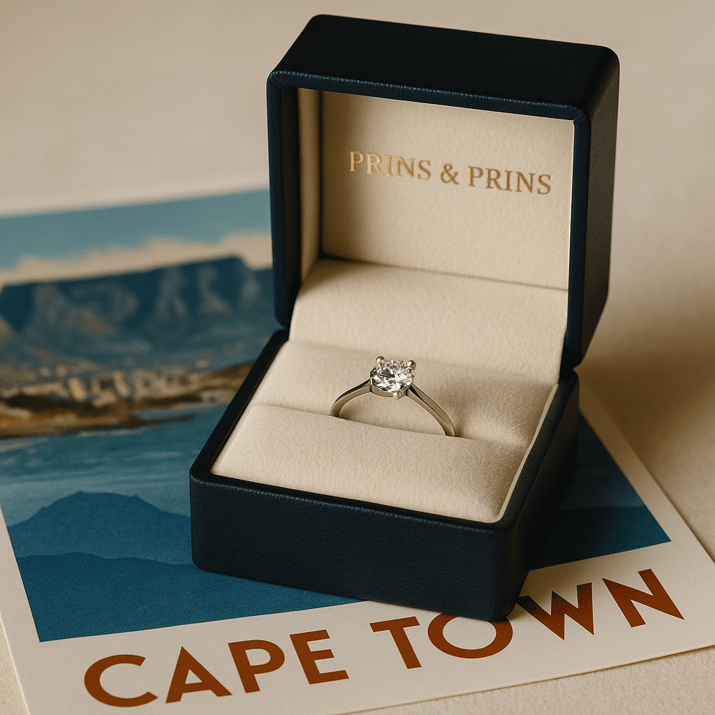 A Prins & Prins jewellery box with a diamond engagement ring inside, placed on a Cape Town postcard featuring an illustration of Table Mountain.