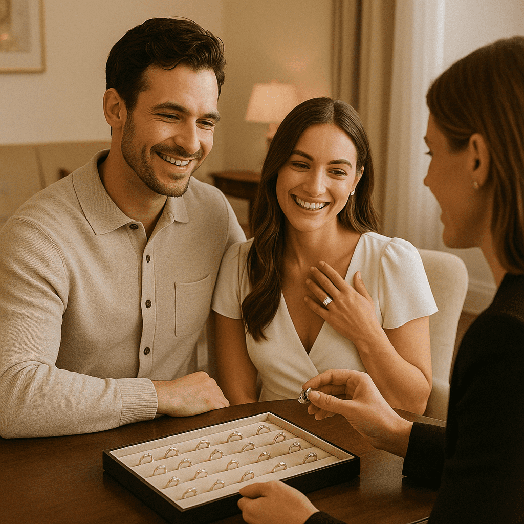 A smiling couple sits together in an elegant boutique consultation room, reviewing wedding ring options with a jeweller. A tray filled with different ring designs is on the table, and the warm beige and gold-toned setting creates a trustworthy and luxurious atmosphere.