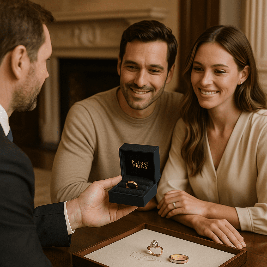 A jeweller presents a custom gold wedding band in a Prins & Prins branded box to a smiling couple seated in an elegant consultation room with antique architecture and warm natural light.