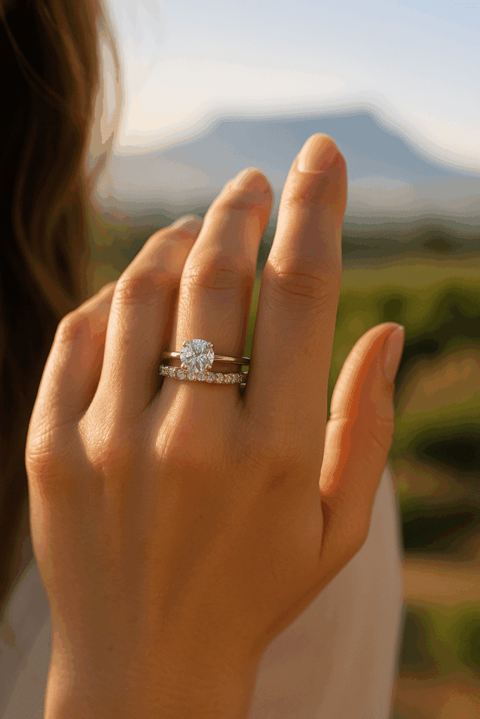 A close-up of a bride’s hand wearing a diamond engagement ring paired with a matching diamond wedding band. The rings sparkle in warm natural sunlight, with Cape Town’s Table Mountain softly blurred in the background, creating a romantic and aspirational atmosphere.