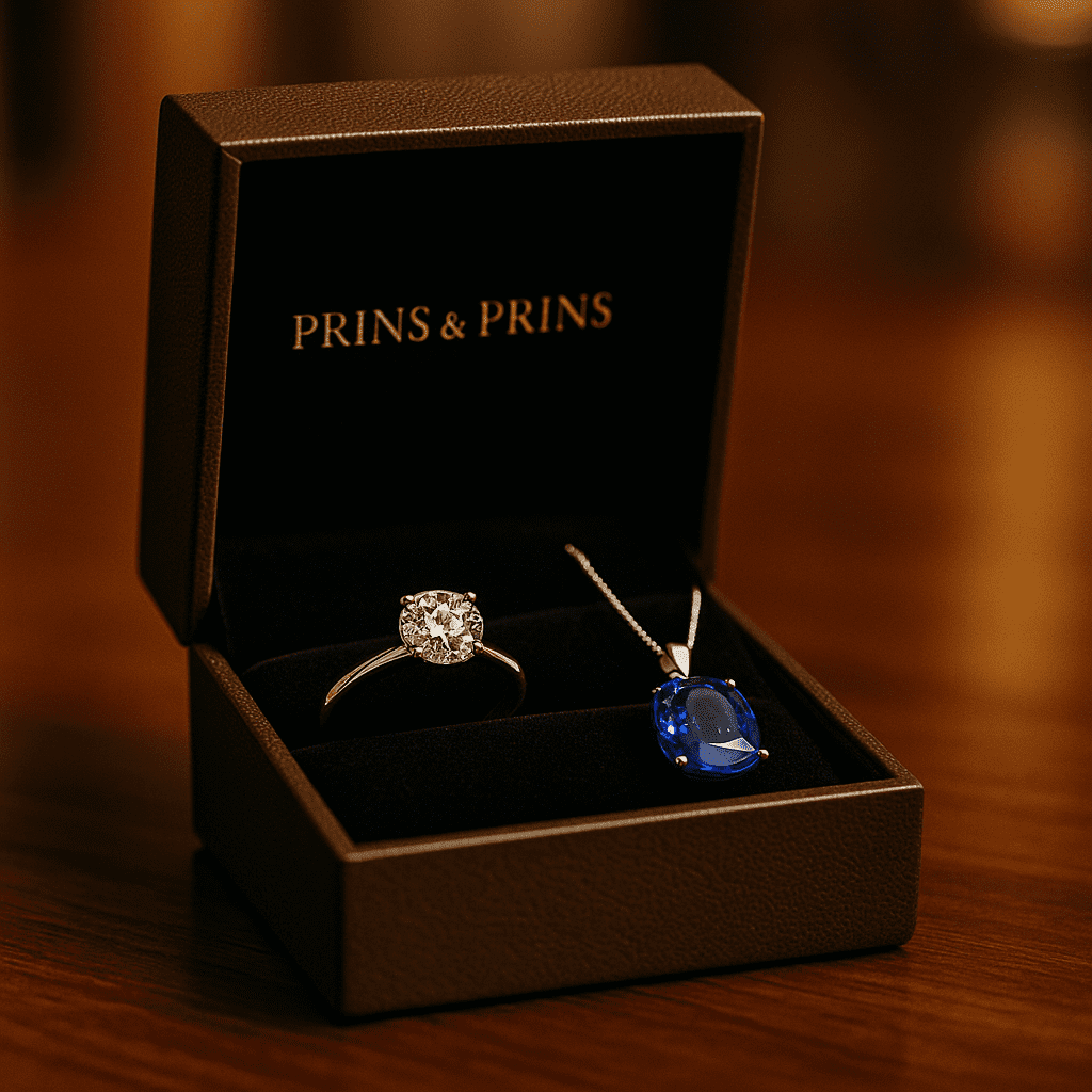 A Prins & Prins branded jewellery box on a polished wooden surface, displaying a sparkling diamond ring and a vivid blue tanzanite pendant under soft boutique lighting.
