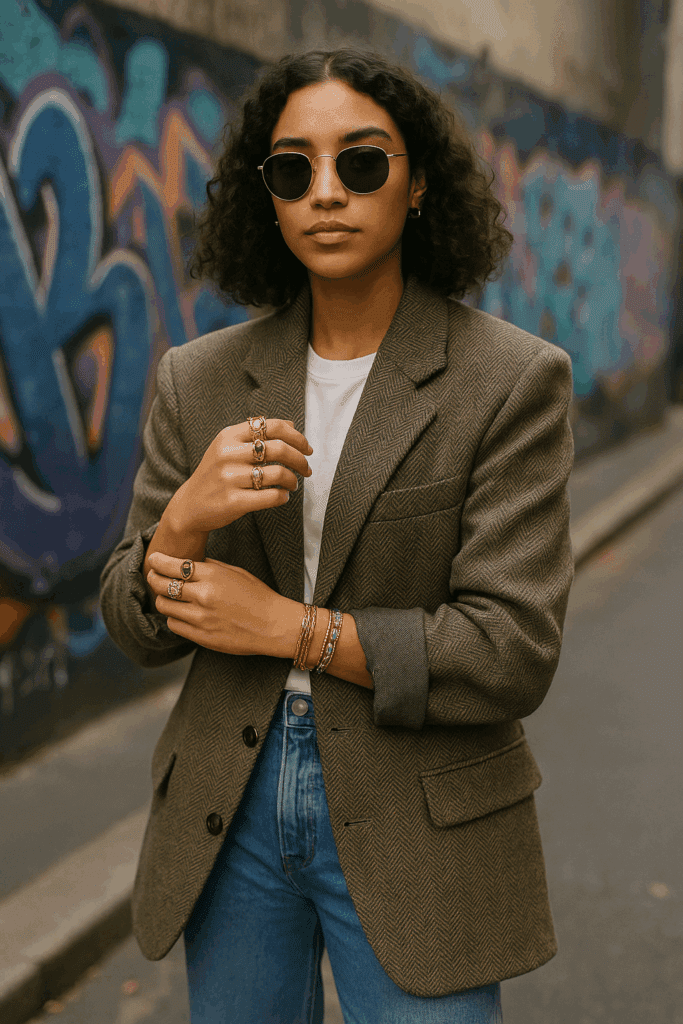 Gen Z fashion influencer wearing an oversized blazer, jeans, and sneakers, styled with layered vintage rings and stacked bracelets, posing confidently in front of a graffiti wall in Cape Town.