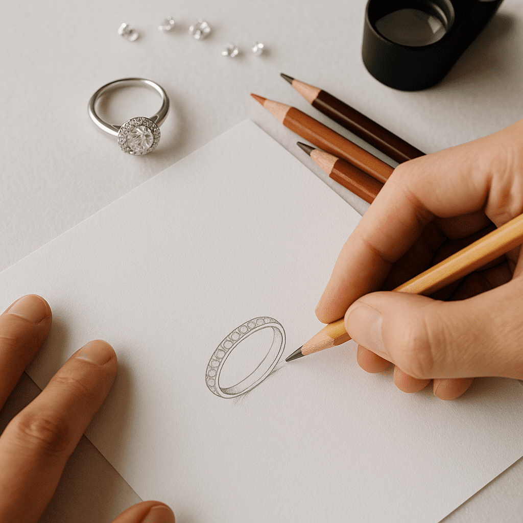 A jewellery designer’s hands sketching a custom wedding band on white paper, with a halo engagement ring, coloured pencils, loose diamonds, and a magnifying loupe placed nearby under soft natural light.