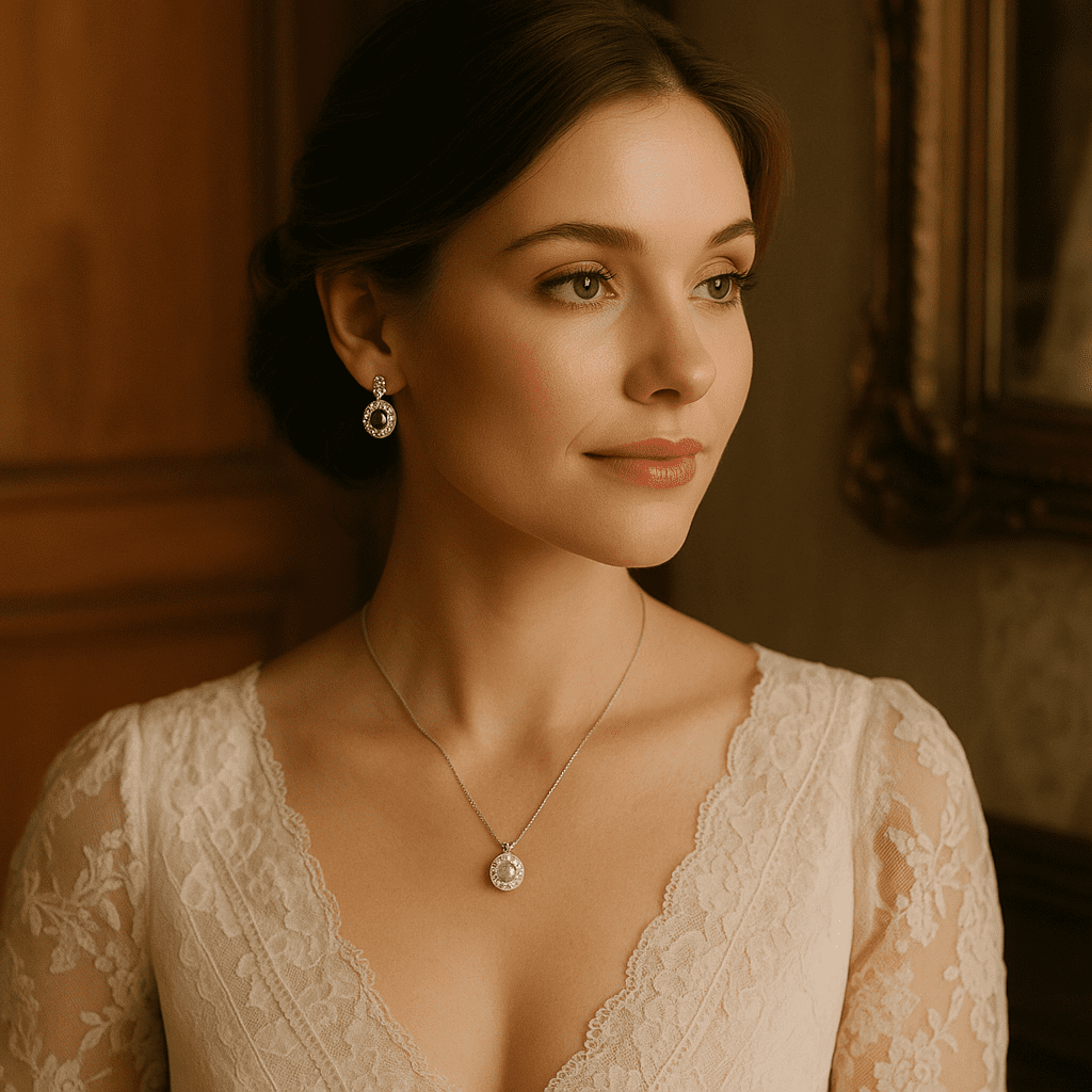 A photograph captures a young woman in a softly lit heritage interior, wearing vintage-inspired diamond earrings and a solitaire pendant necklace. She stands near an antique mirror with wood panelling in the background, her look refined and romantic. The palette features warm golds, soft ivory, and classic neutrals, evoking timeless feminine elegance.