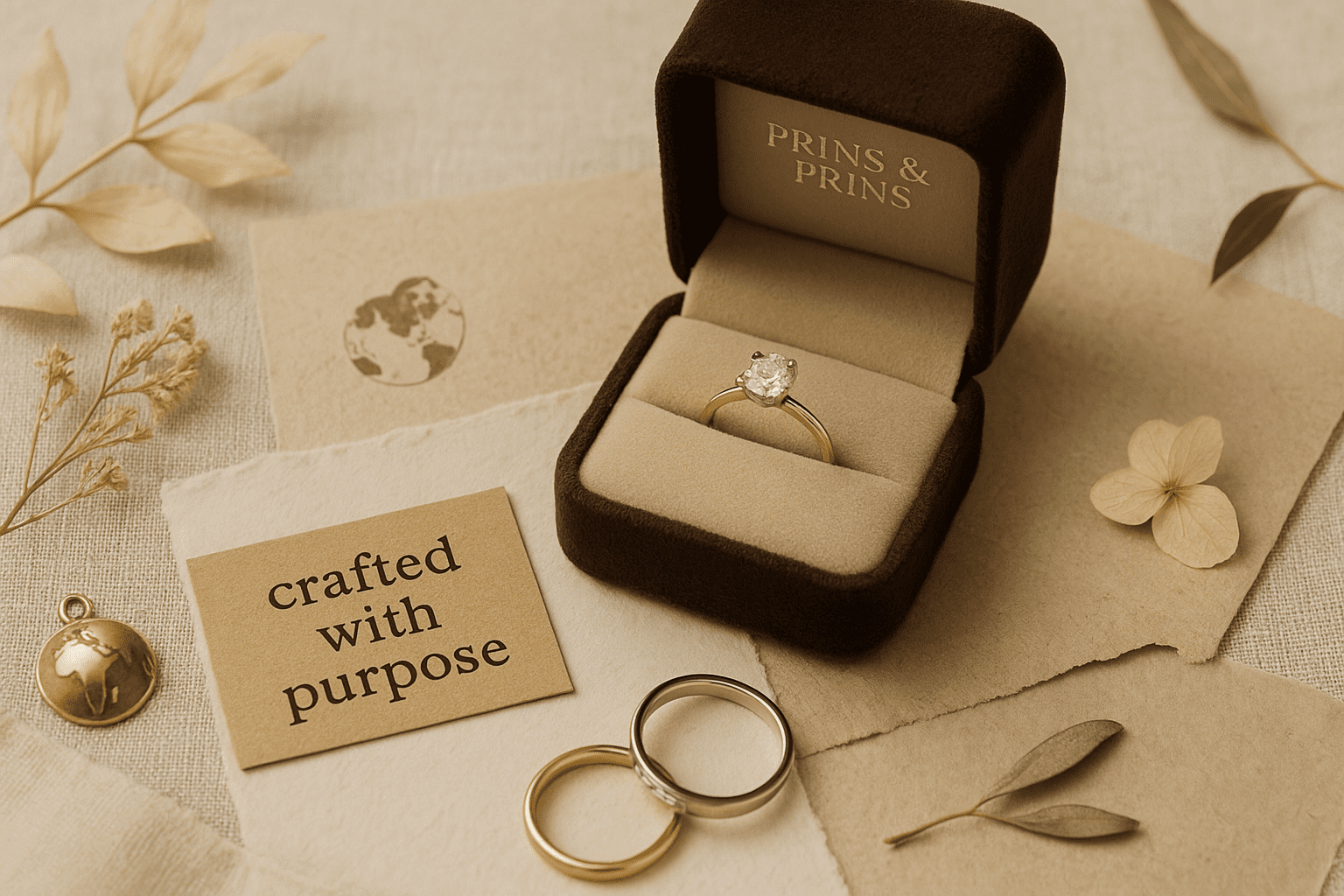 A photograph for Prins & Prins features an engagement ring in a signature box, styled on a flat-lay arrangement with natural textures including raw linen and recycled paper. Dried florals, a small globe pendant, and a handwritten card reading “crafted with purpose” enhance the sustainable, elegant aesthetic. Warm, earthy tones and soft lighting create a refined, conscious luxury mood.