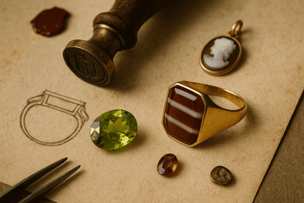 An antique-style flat-lay image featuring a sardonyx signet ring with sharp red-and-white banding, placed on aged parchment beside a vintage jewellery sketch, a classical cameo pendant, a wax seal stamp, and scattered gemstones. Soft golden lighting and subtle shadows evoke a sense of historical craftsmanship and artistic heritage