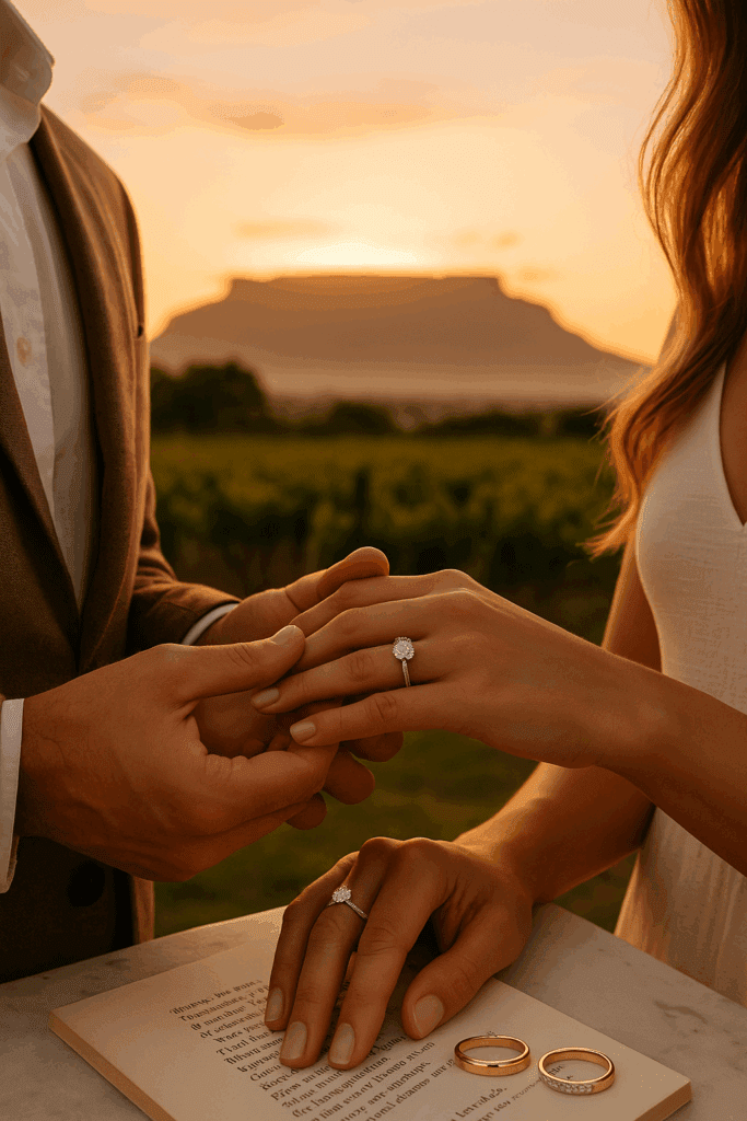A couple exchanges rings at sunset in a Cape Town vineyard, with Table Mountain softly silhouetted in the background. The rings sparkle in the golden light, symbolising romance and heritage.