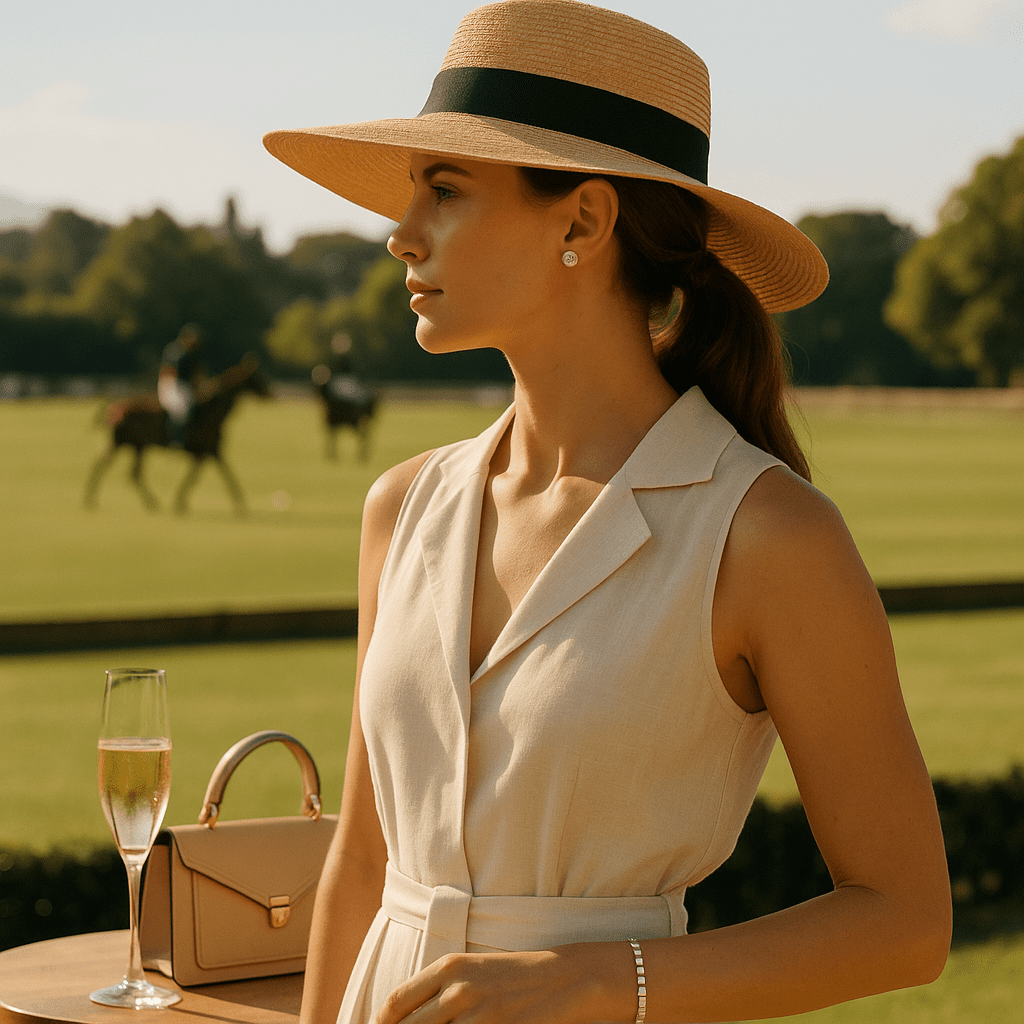 A photograph captures a sophisticated woman with fair skin attending a polo match on a sunny day. She wears a wide-brimmed straw hat, an off-white linen jumpsuit, diamond stud earrings, and a minimalist tennis bracelet. A champagne flute and beige designer handbag rest on a wooden table beside her. In the blurred background, polo players on horseback compete on a lush green field, evoking an atmosphere of elegant daytime luxury and social refinement.