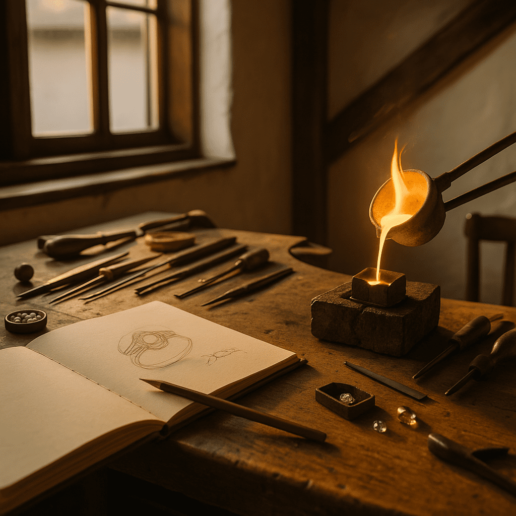 A warm, softly lit photograph of a traditional jeweller's workbench in Cape Town. Morning sunlight streams through a sash window, casting gentle shadows on vintage goldsmith tools, an open sketchbook with a gemstone ring design, and a crucible of molten gold mid-pour. Elements of the historic Huguenot House — wooden beams and Cape Dutch textures — enhance the heritage-rich setting.