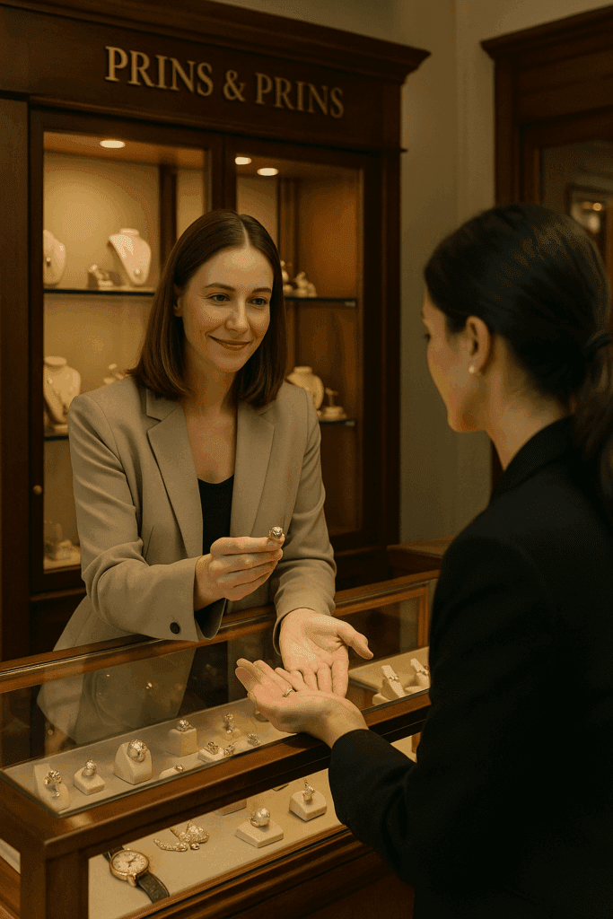 Interior of Prins & Prins showroom with a sales consultant presenting an estate ring to a client across a glass display case filled with vintage jewellery, under warm boutique lighting.