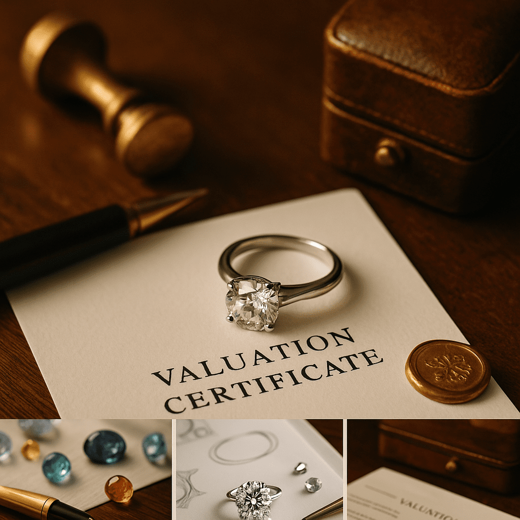 Diamond engagement ring resting atop a jewellery valuation certificate, accompanied by a gold fountain pen, a wax seal stamp, and an antique jewellery box, softly lit to highlight the diamond’s brilliance.
