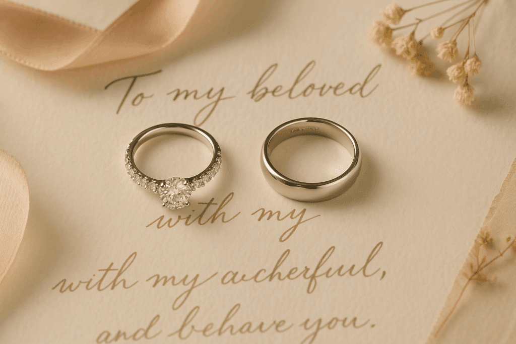 A photograph presents two wedding bands placed on a handwritten wedding vow atop a soft blush fabric. One band is a diamond-set eternity ring, while the other is a sleek platinum men’s band. A silk ribbon and dried lavender sprigs frame the composition, with an engraving detail faintly visible inside the men’s band. The image is softly lit, evoking a timeless and sentimental mood.