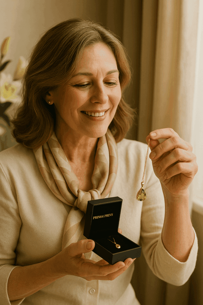 A middle-aged woman with light brown hair sits by a softly lit window, smiling warmly as she lifts a teardrop-shaped peridot pendant from a Prins & Prins jewellery box. She wears a cream blouse and patterned scarf, with soft floral details and neutral tones in the background, creating an intimate and elegant gifting moment.