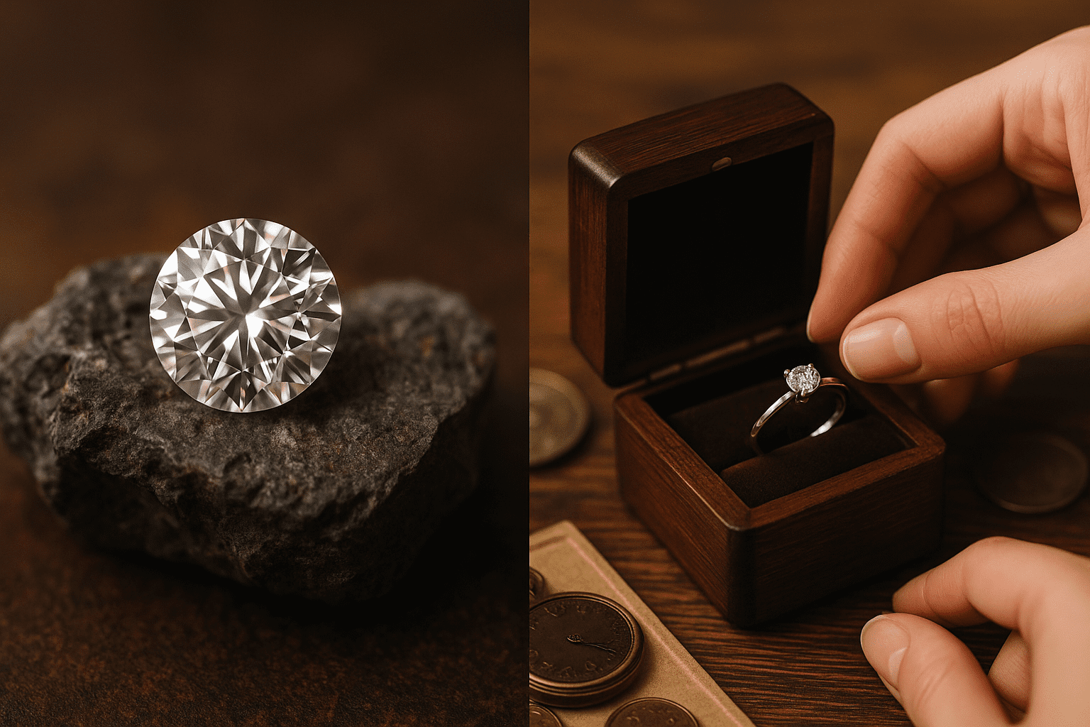Vergelyking van natuurlike diamant op rou kimberliet en tydlose diamant-juwele as erfstuk – simboliseer skaarsheid, belegging en ewige waarde.