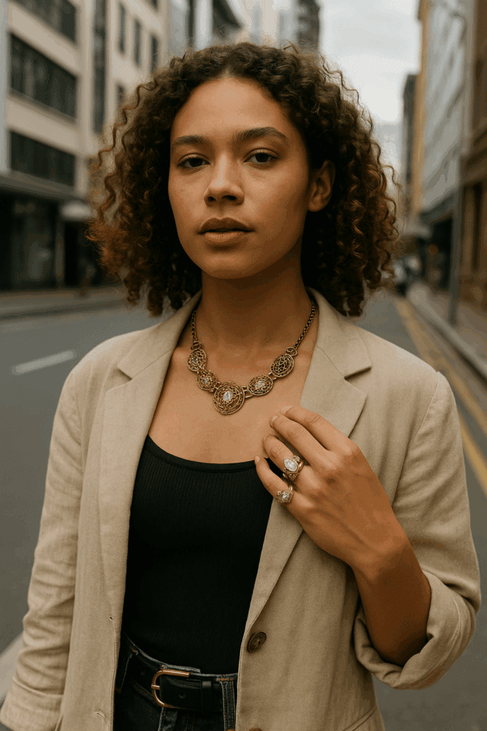 A young woman with curly auburn hair stands in Cape Town’s city centre wearing layered vintage rings and a bold antique necklace, styled with a beige blazer and modern fashion.