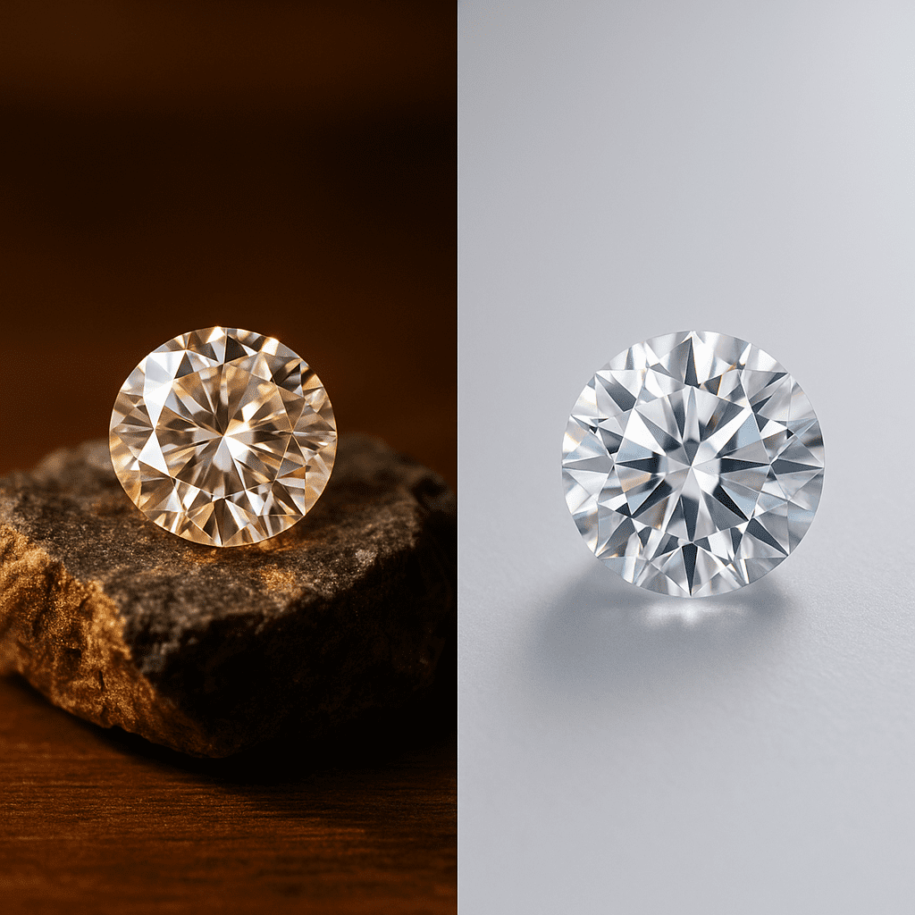 A side-by-side comparison showing two round brilliant-cut diamonds: on the left, a natural diamond glowing warmly atop raw kimberlite rock, and on the right, a lab-grown diamond under cool white lighting on a smooth surface.