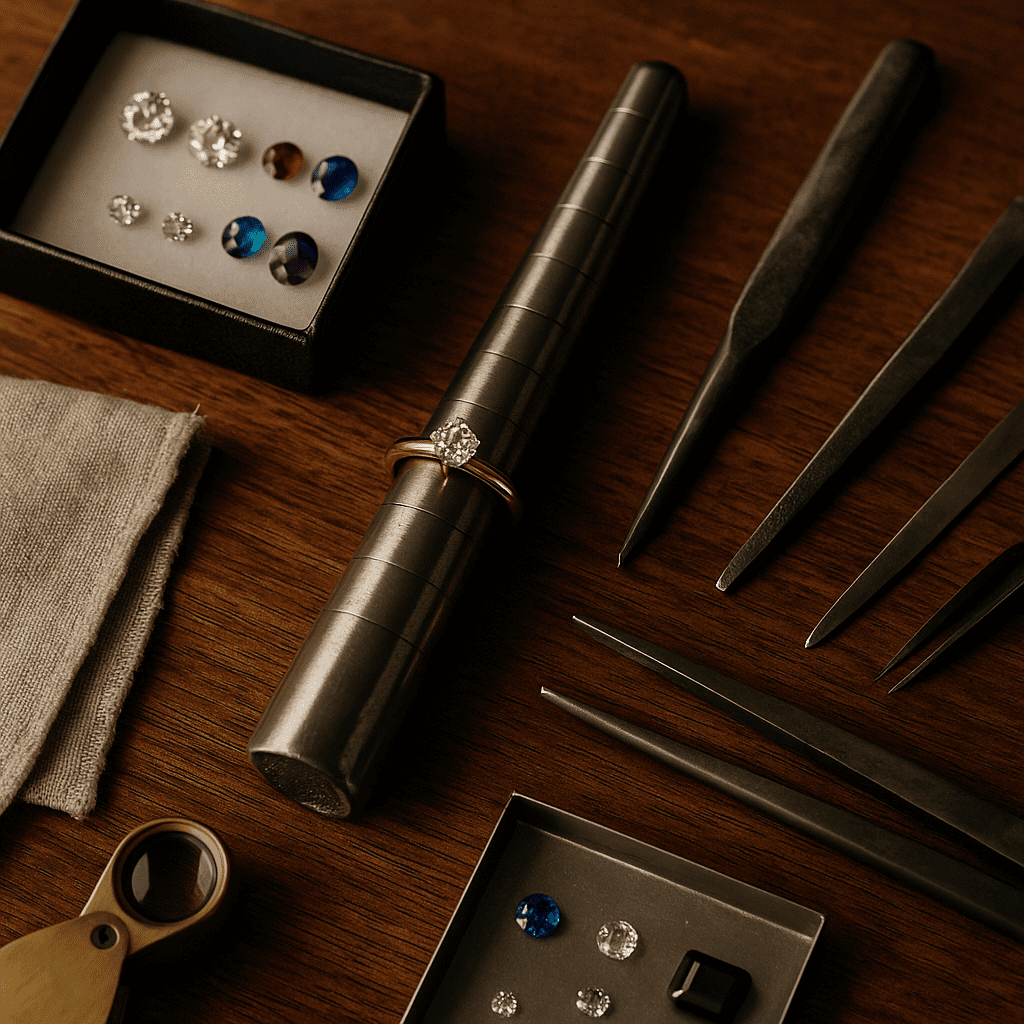 A warm, inviting flat-lay of jewellery-making tools, loose gemstones, and a sketchpad with a ring design, arranged on a wooden workbench. Soft golden lighting highlights the textures, evoking the artisanal craftsmanship of handmade jewellery in Cape Town.