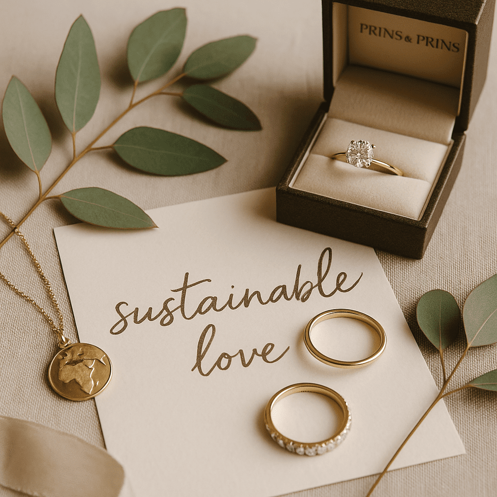 A photograph presents an elegant flat-lay featuring a diamond engagement ring resting on a handwritten note that reads “sustainable love.” A Prins & Prins ring box, a delicate globe pendant, and a small leaf sprig are arranged nearby on a soft linen background. The overall colour palette includes muted neutrals, warm earth tones, and natural textures, conveying a sense of thoughtful, ethical elegance.