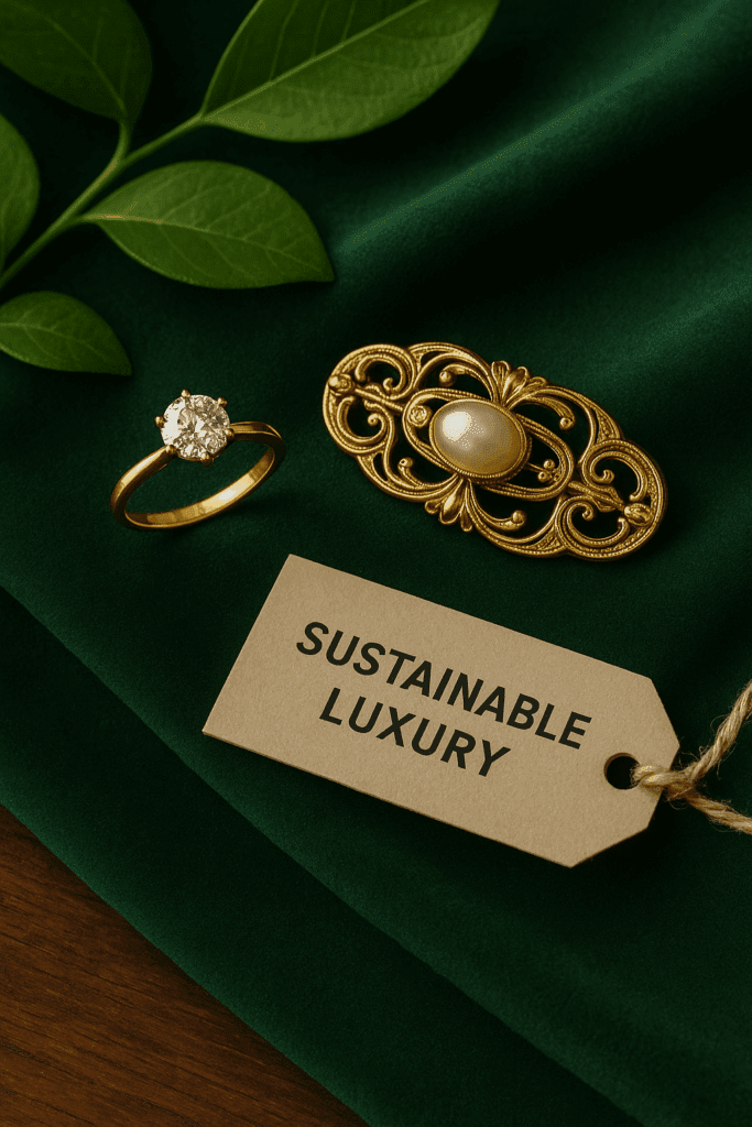 Close-up of a diamond ring and ornate gold brooch displayed on green velvet with fresh leaves and a recycled paper tag reading ‘Sustainable Luxury,’ symbolising eco-conscious fine jewellery.