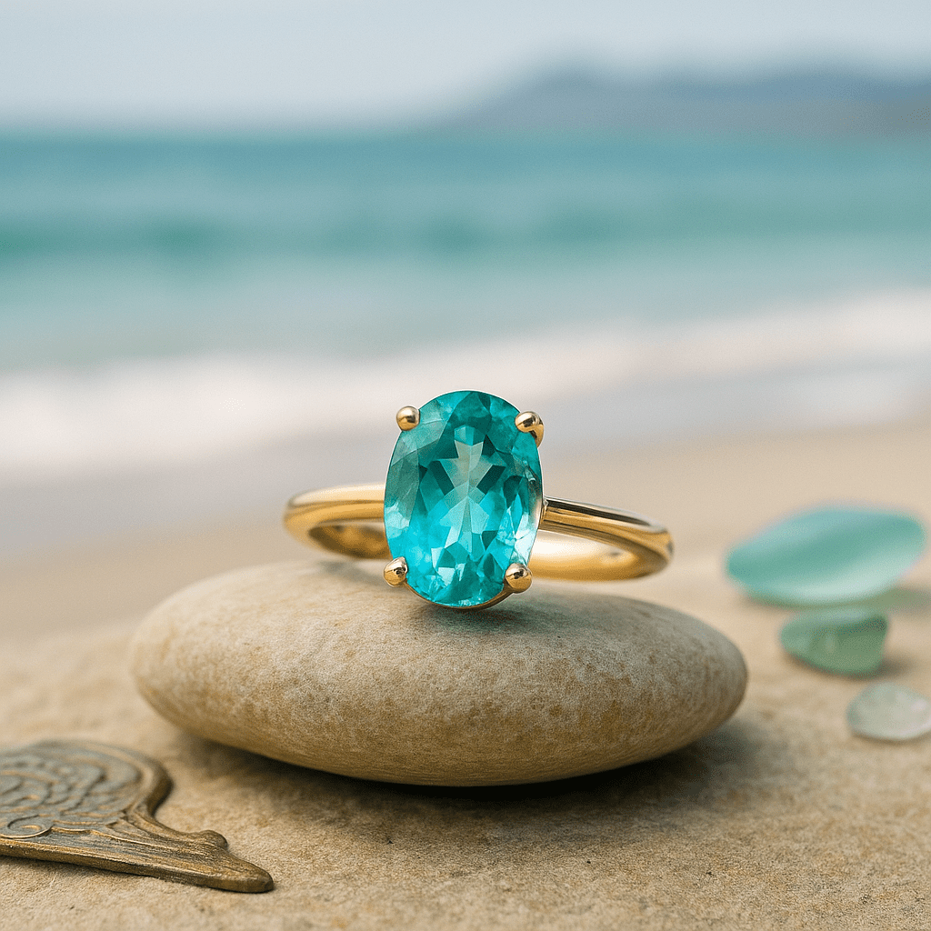 A photograph captures a gold ring featuring an oval-cut Paraíba tourmaline in vibrant blue-green hues. The ring rests on a smooth, sandy shell surface, surrounded by pieces of sea glass and soft ocean reflections. The lighting evokes natural daylight, with a blurred hint of Cape Town’s coastline in the background, creating an ethereal and modern seaside atmosphere.