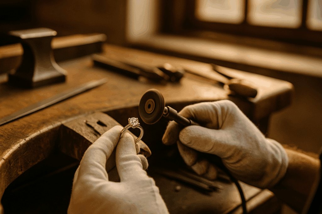 A jeweller carefully polishing a diamond engagement ring at a traditional workbench, with soft light highlighting the sparkle of the stone. Surrounding the ring are fine tools, a velvet-lined pad, and subtle wood textures, evoking artisanal craftsmanship and luxury.
