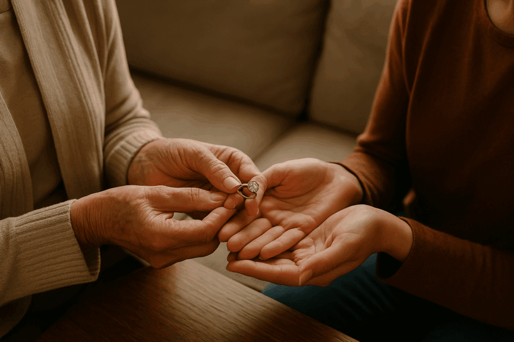 Close-up of a grandmother passing down a vintage diamond engagement ring into her granddaughter’s hands in a softly lit living room, symbolising heirloom jewellery and family legacy.