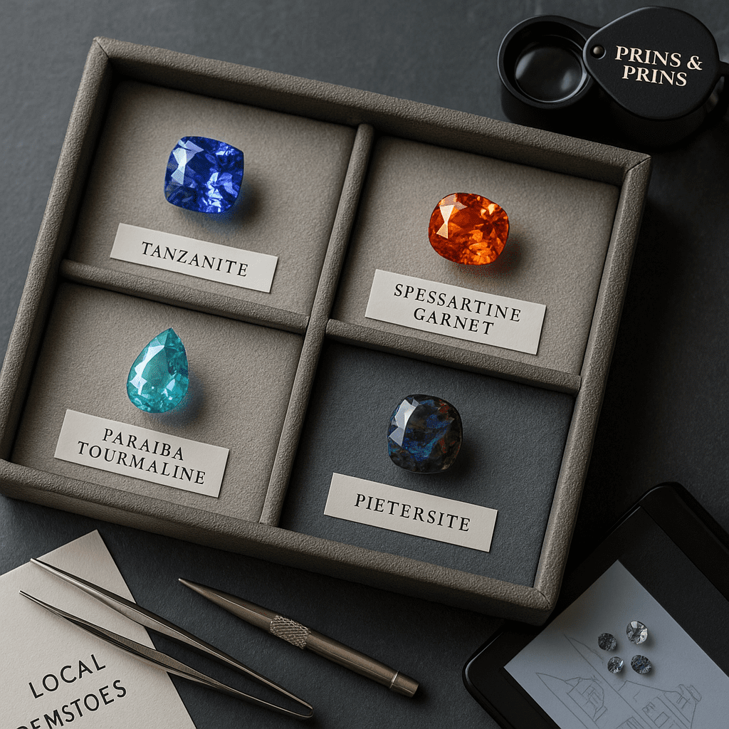 A photograph displays a collection of local gemstones in a grey jewellery tray, each labeled: Tanzanite, Spessartine Garnet, Paraíba Tourmaline, and Pietersite. A Prins & Prins branded loupe, silver tweezers, and a pen rest nearby on a dark surface, with a sketch of gemstones partially visible.