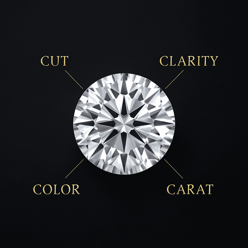 ’n Elegante infografika wat die “4Cs” van ’n diamant illustreer – Sny (Cut), Kleur (Color), Suiwerheid (Clarity) en Karaat (Carat) – rondom ’n sprankelende ronde diamant teen ’n donker luukse agtergrond met goue aksente.