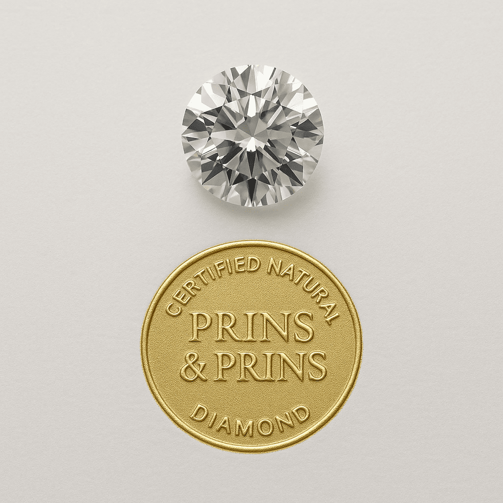 Macro shot of a round brilliant-cut diamond placed above a gold-embossed Prins & Prins seal reading “Certified Natural Diamond,” on a clean white background.